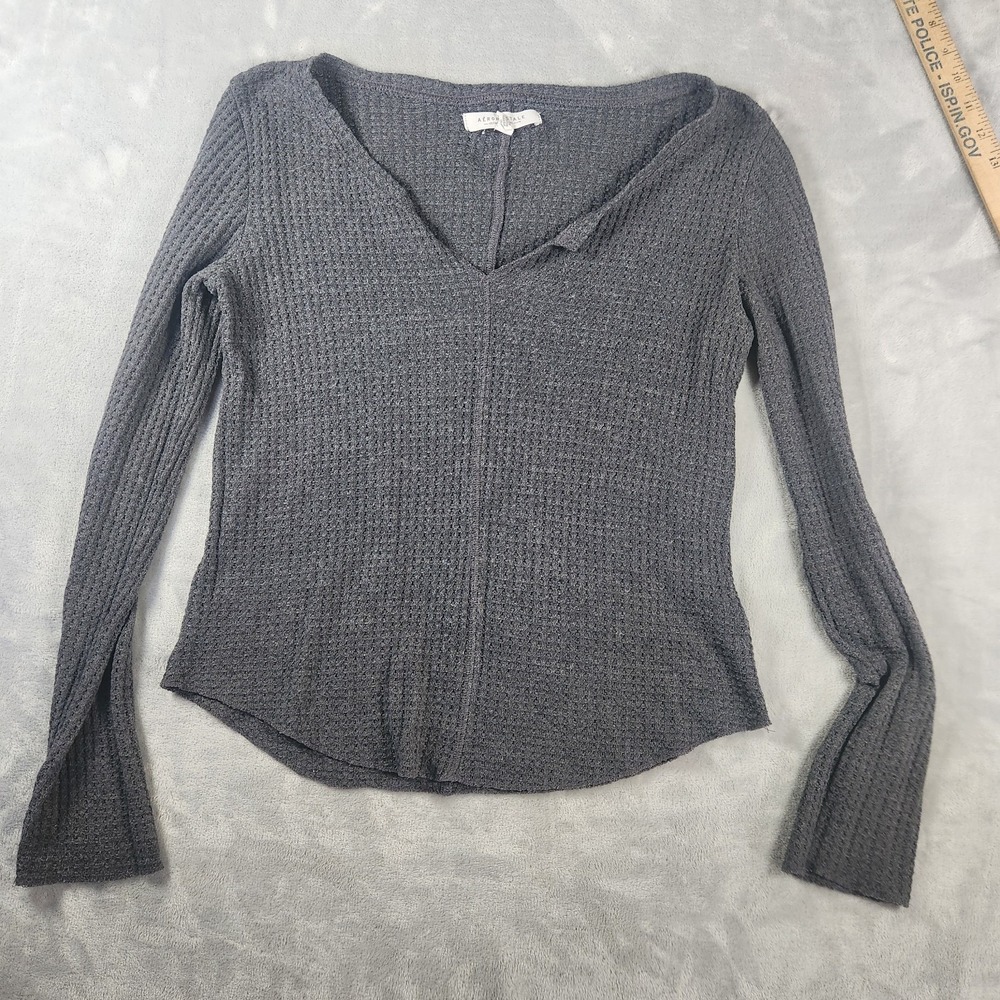 Aéropostale Seriously Soft Gray Waffle V-Neck Long Sleeve Thermal Tee Women's‎ M